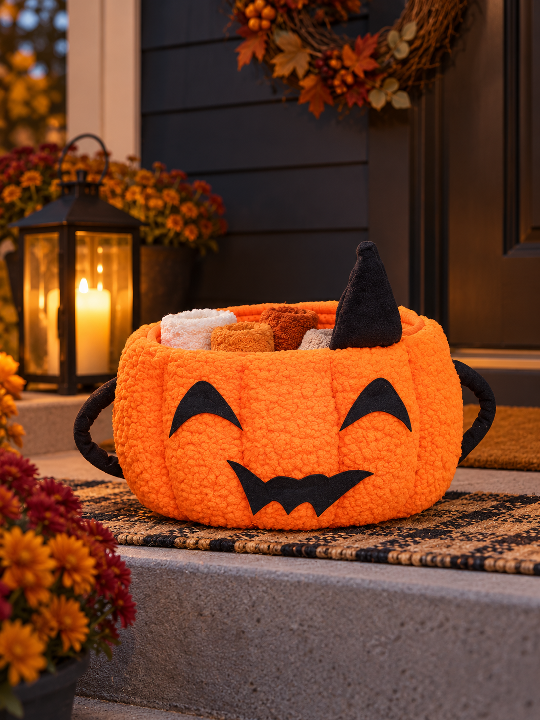 Orange pumpkin Halloween storage basket styled on a covered autumn front porch