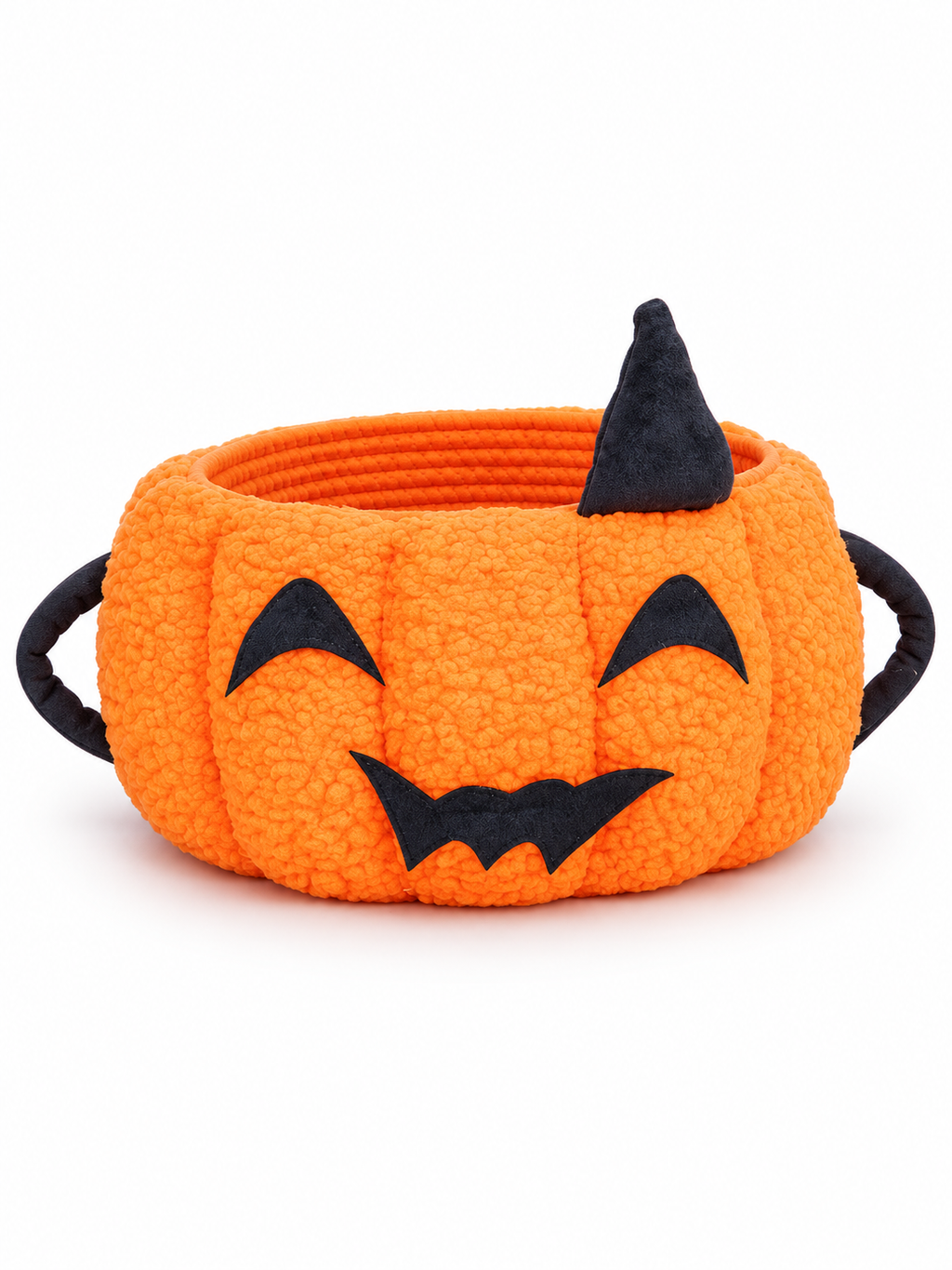 Playful orange pumpkin Halloween storage basket on a seamless white background