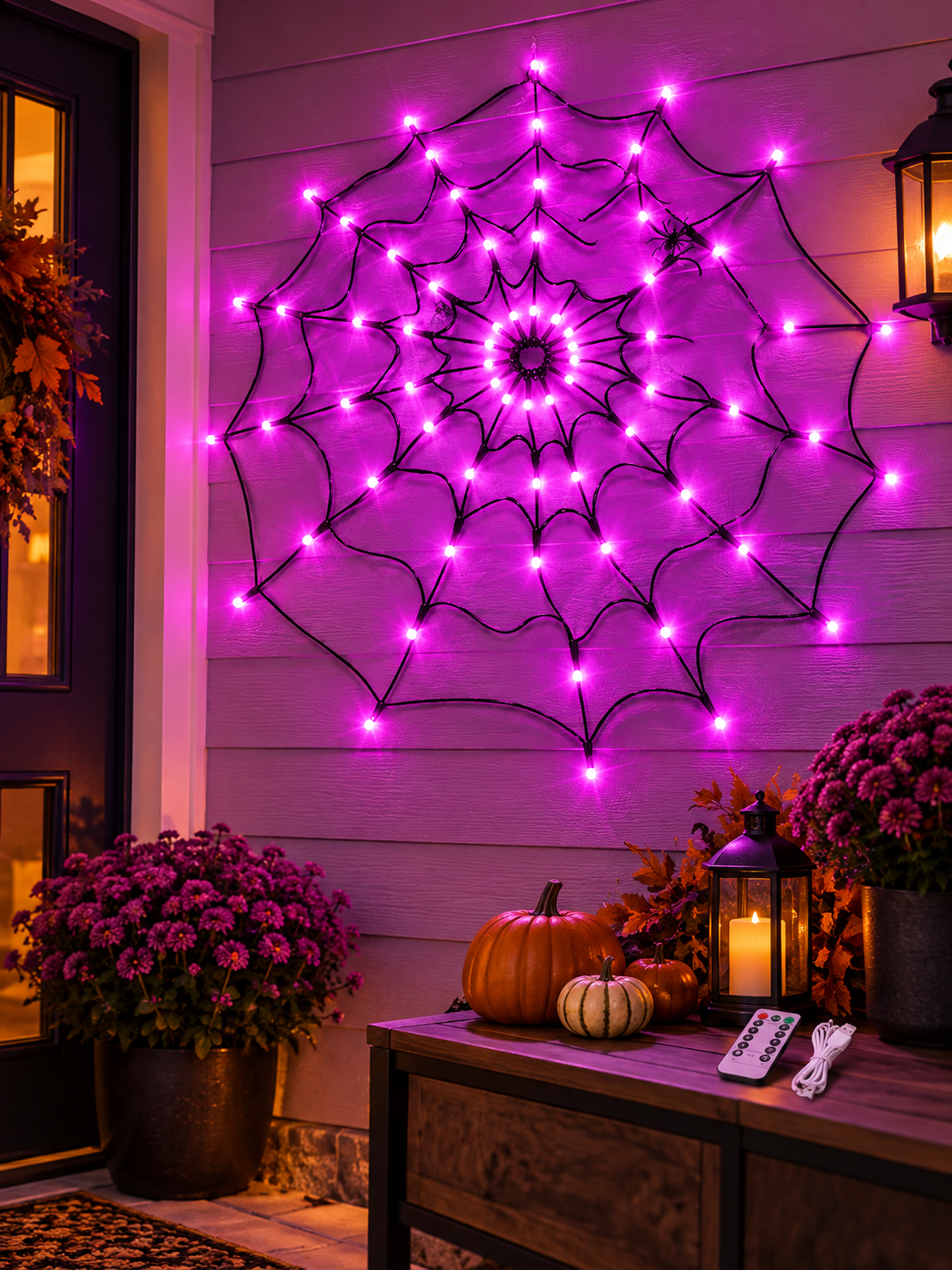 Purple LED spider web light decorating a covered front porch