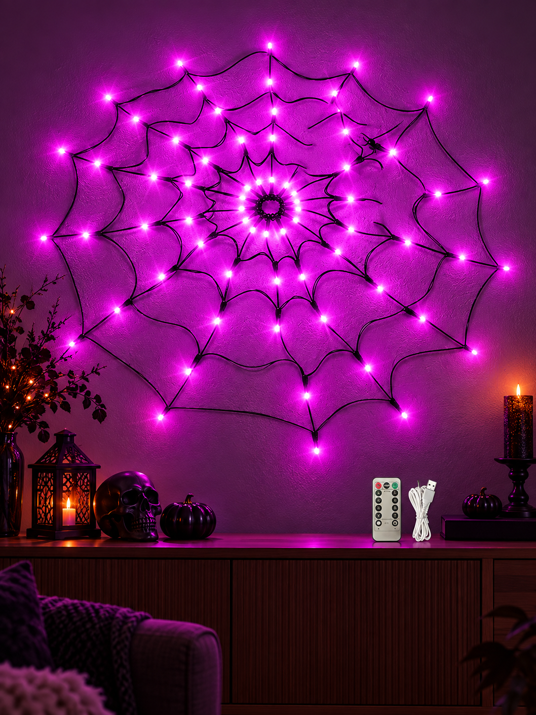 Purple LED spider web light displayed on a living room wall