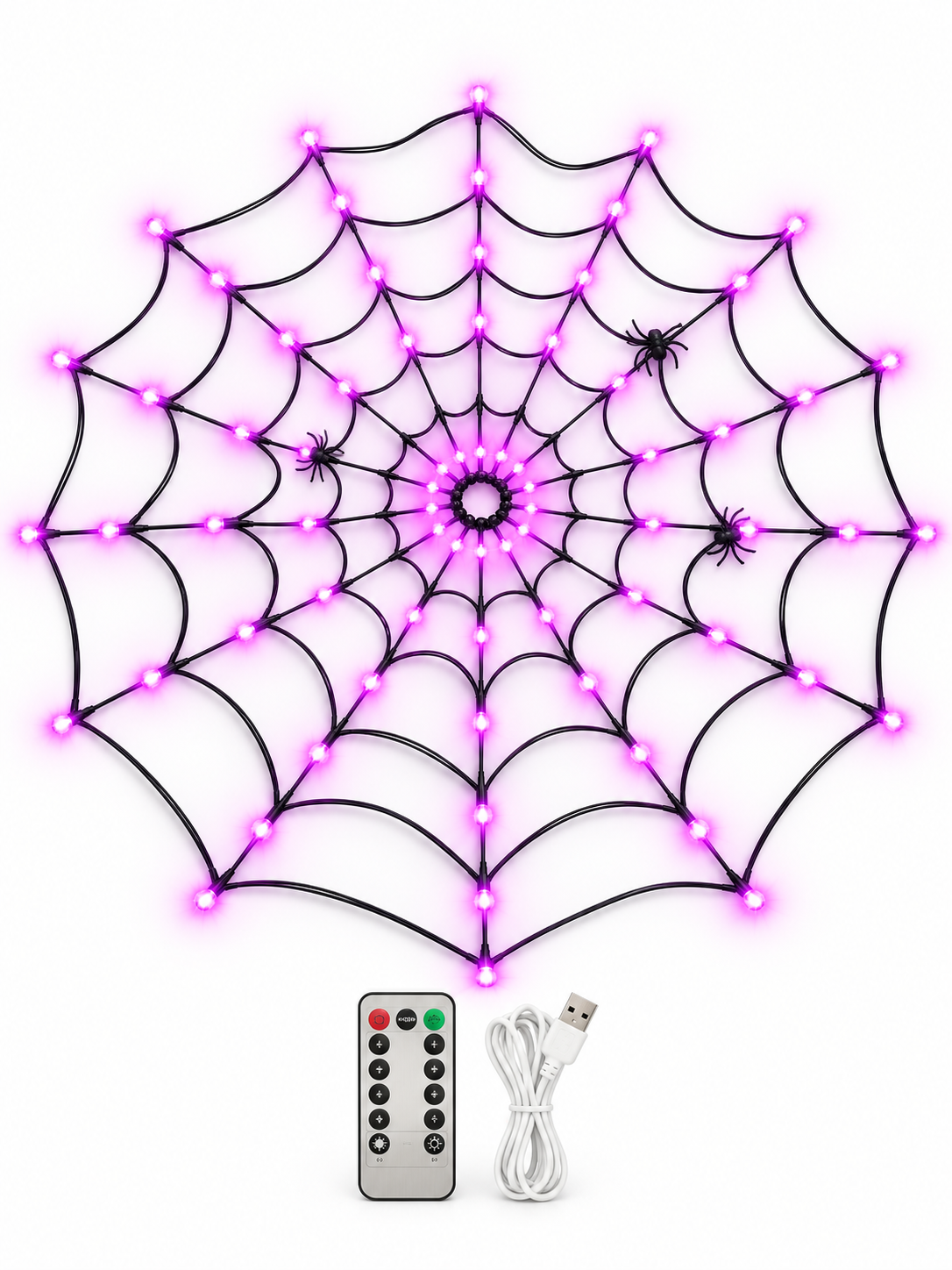 Purple LED spider web light with remote on a white background