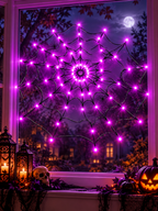 Purple LED spider web light displayed across a large window