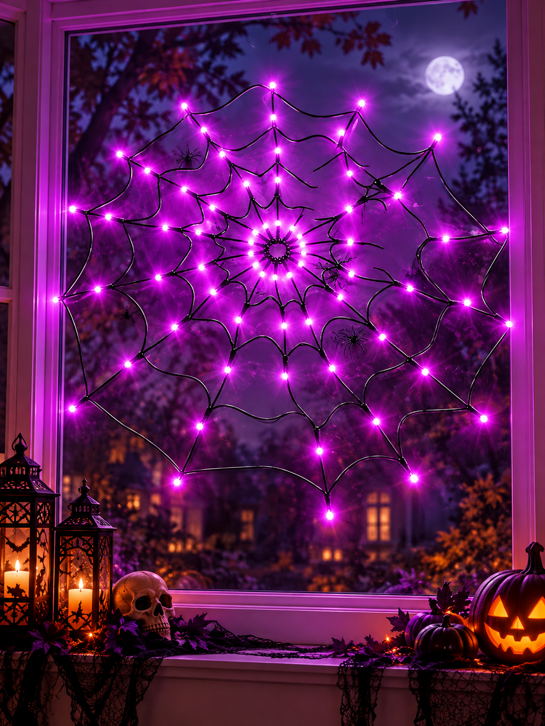 Purple LED spider web light displayed across a large window