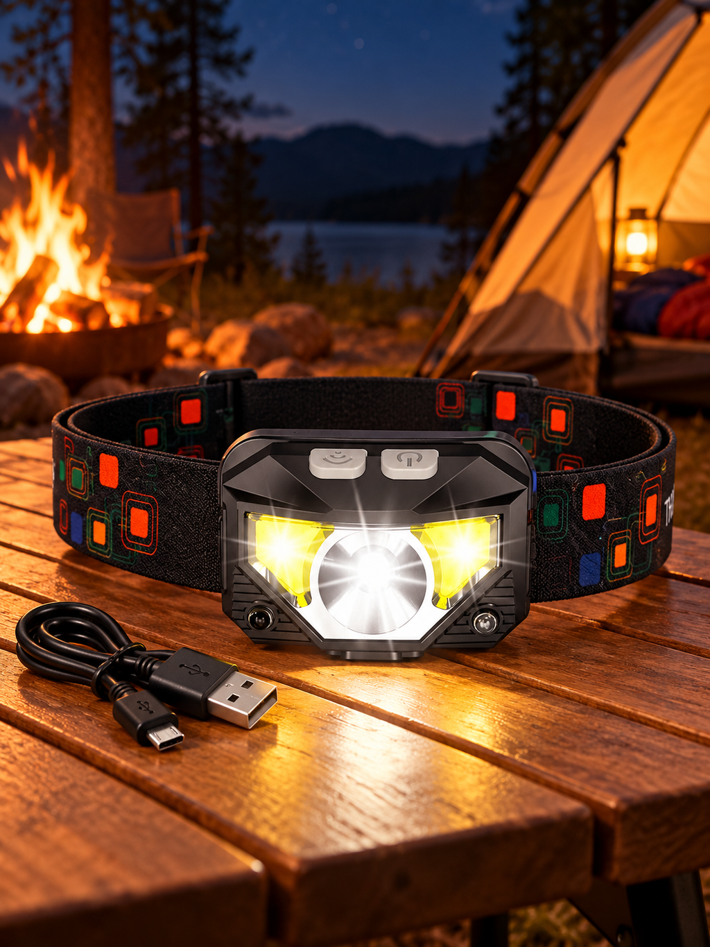 Rechargeable LED headlamp with USB cable on a campsite table at night