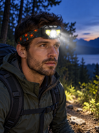 Rechargeable LED headlamp worn by a hiker on a wooded trail at blue hour