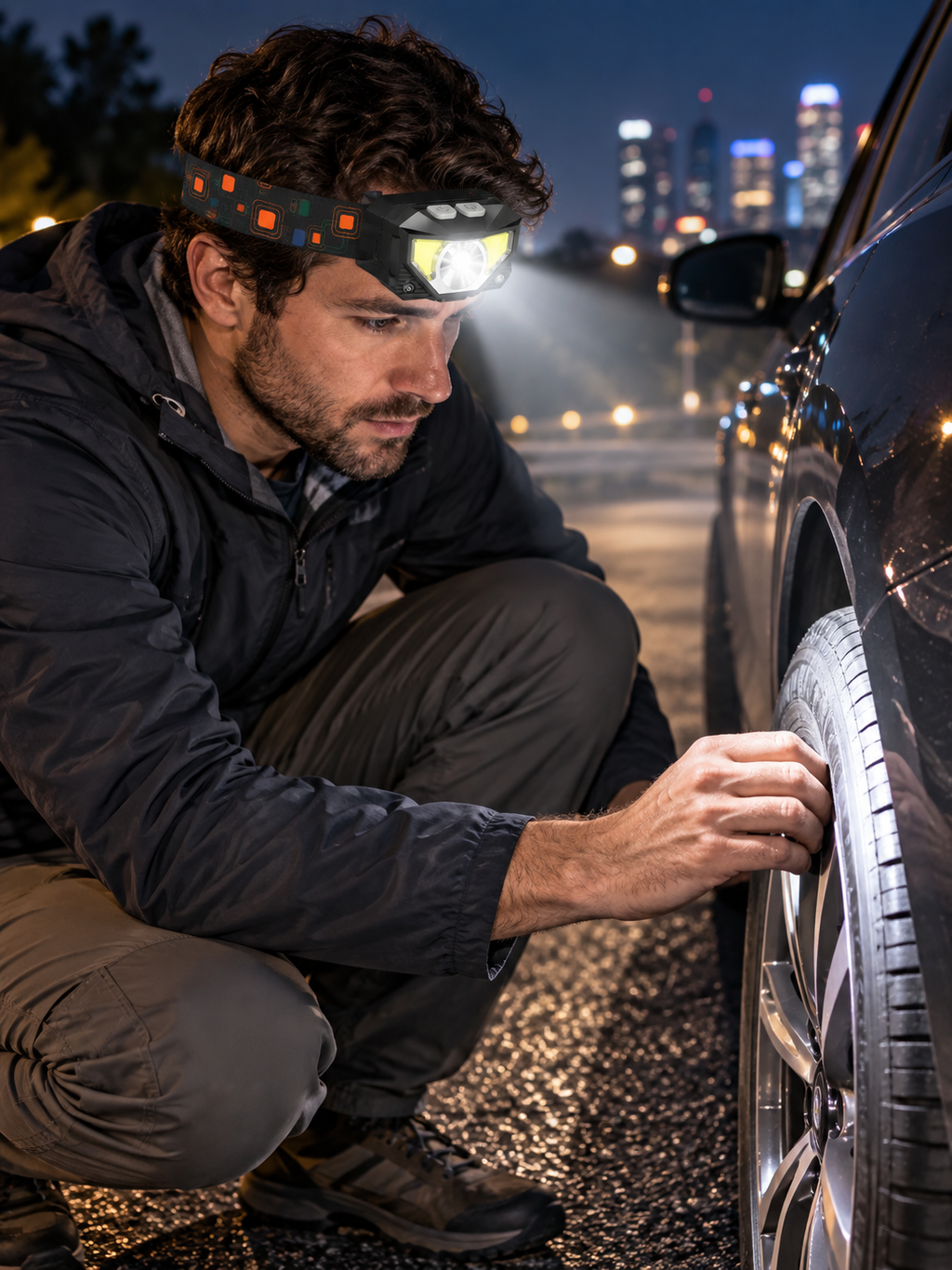 Rechargeable LED headlamp used for a roadside tire check at night