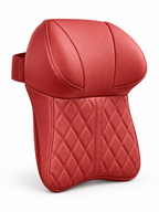 Red leather memory foam car neck pillow on a white background