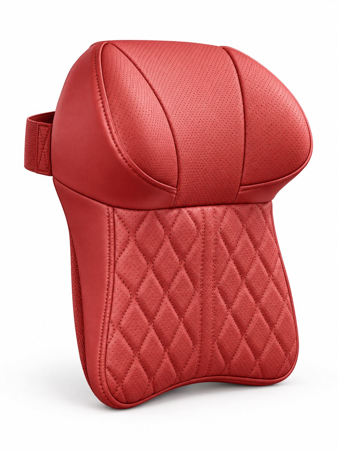 Red leather memory foam car neck pillow on a white background