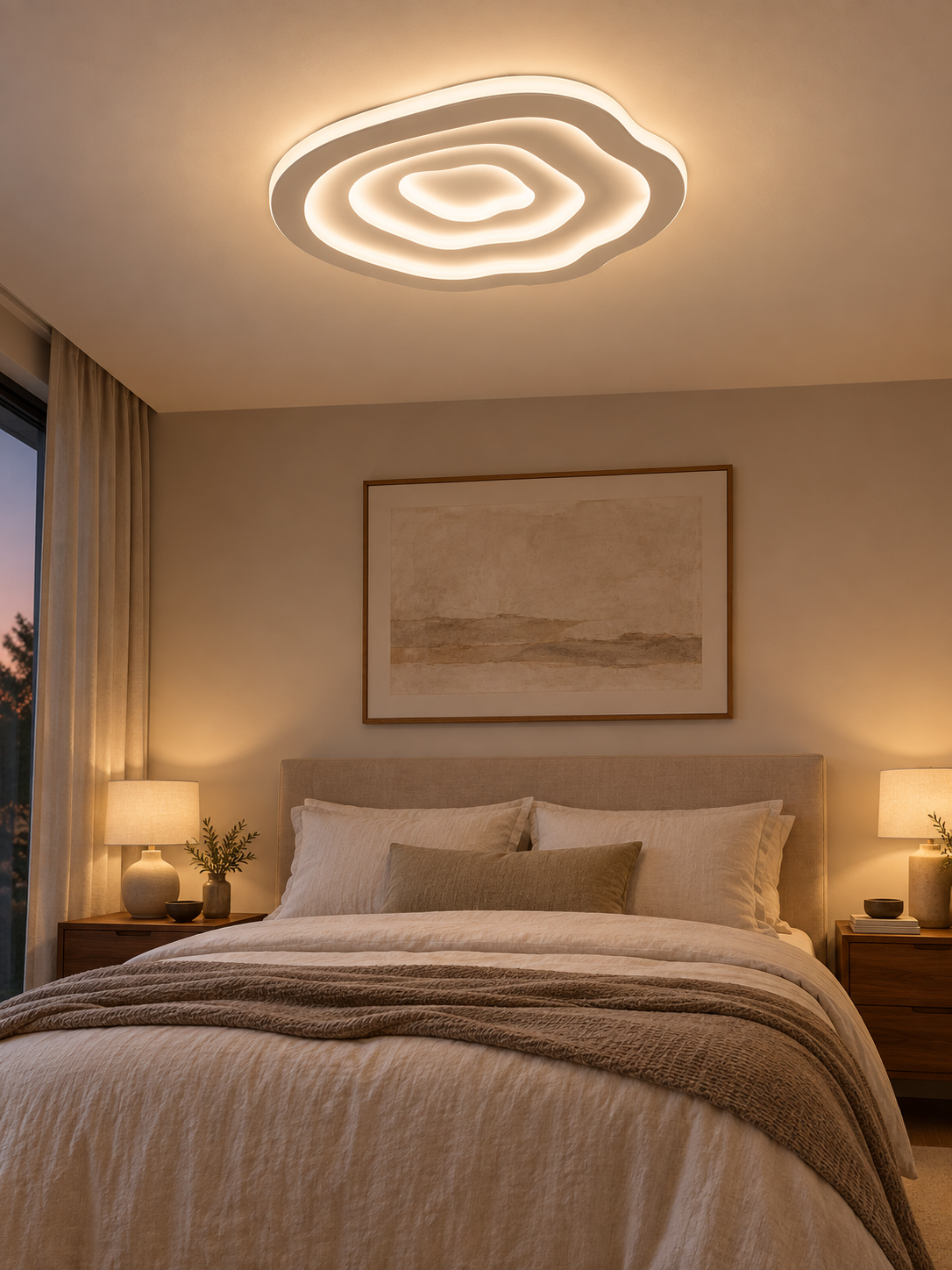 Ripple LED ceiling light in a warm modern bedroom