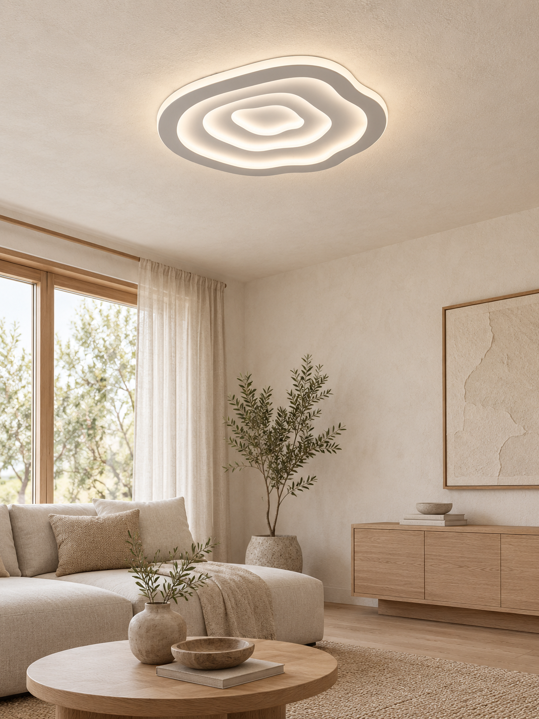 Ripple LED ceiling light in a Japandi living room