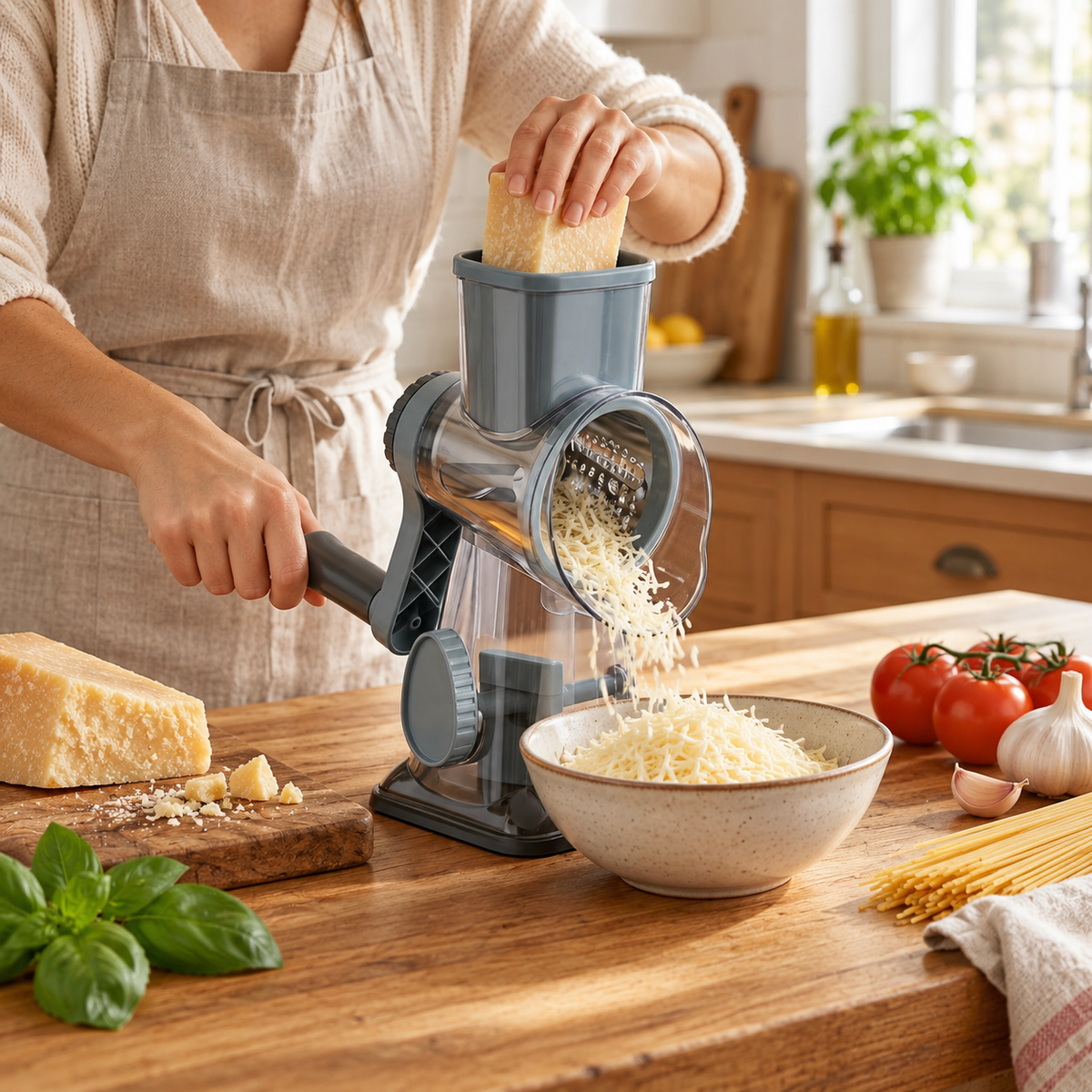 Stainless steel rotary cheese grater preparing cheese in a bright kitchen