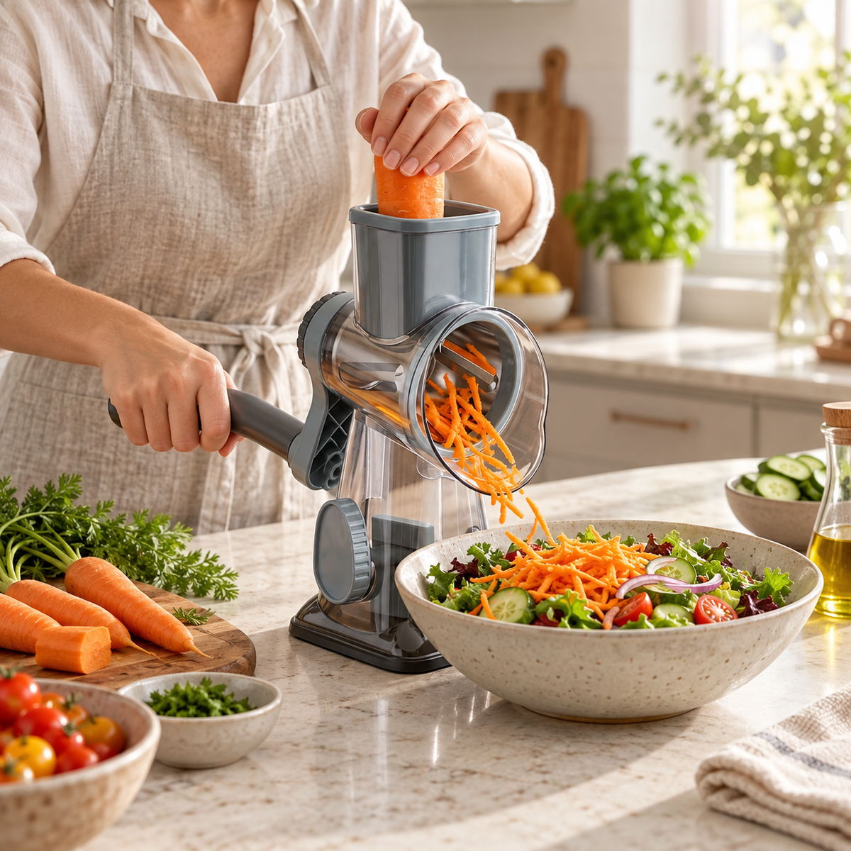Stainless steel rotary grater preparing vegetables for salad