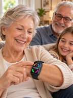 Black senior smartwatch worn during family time in a modern living room