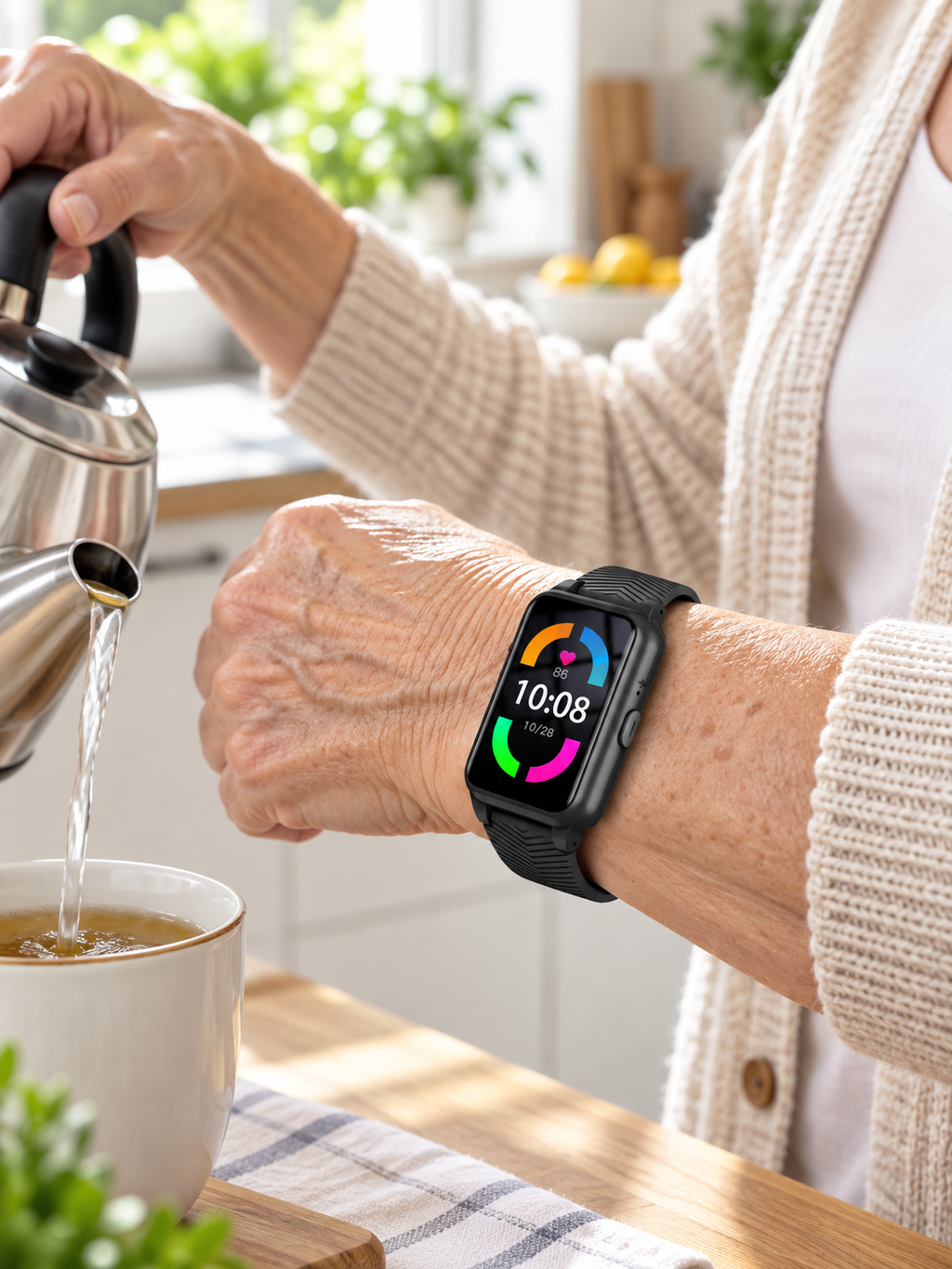 Black senior smartwatch worn while preparing tea in a bright kitchen