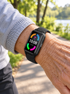 Black senior smartwatch worn during a relaxed walk in the park