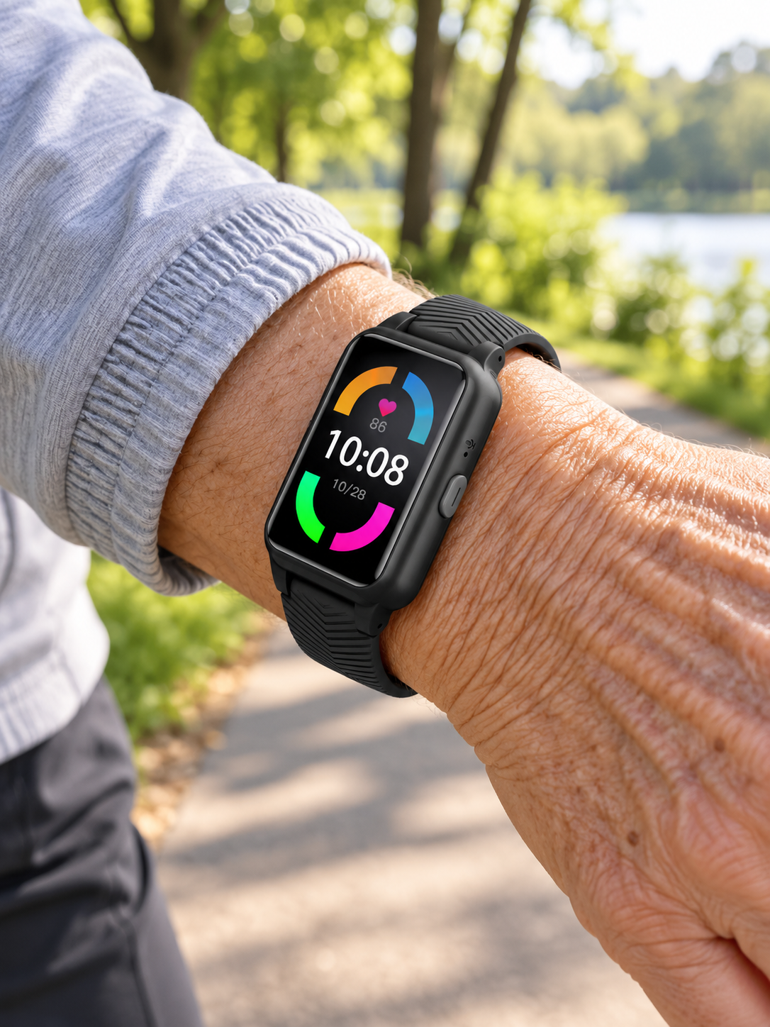 Black senior smartwatch worn during a relaxed walk in the park