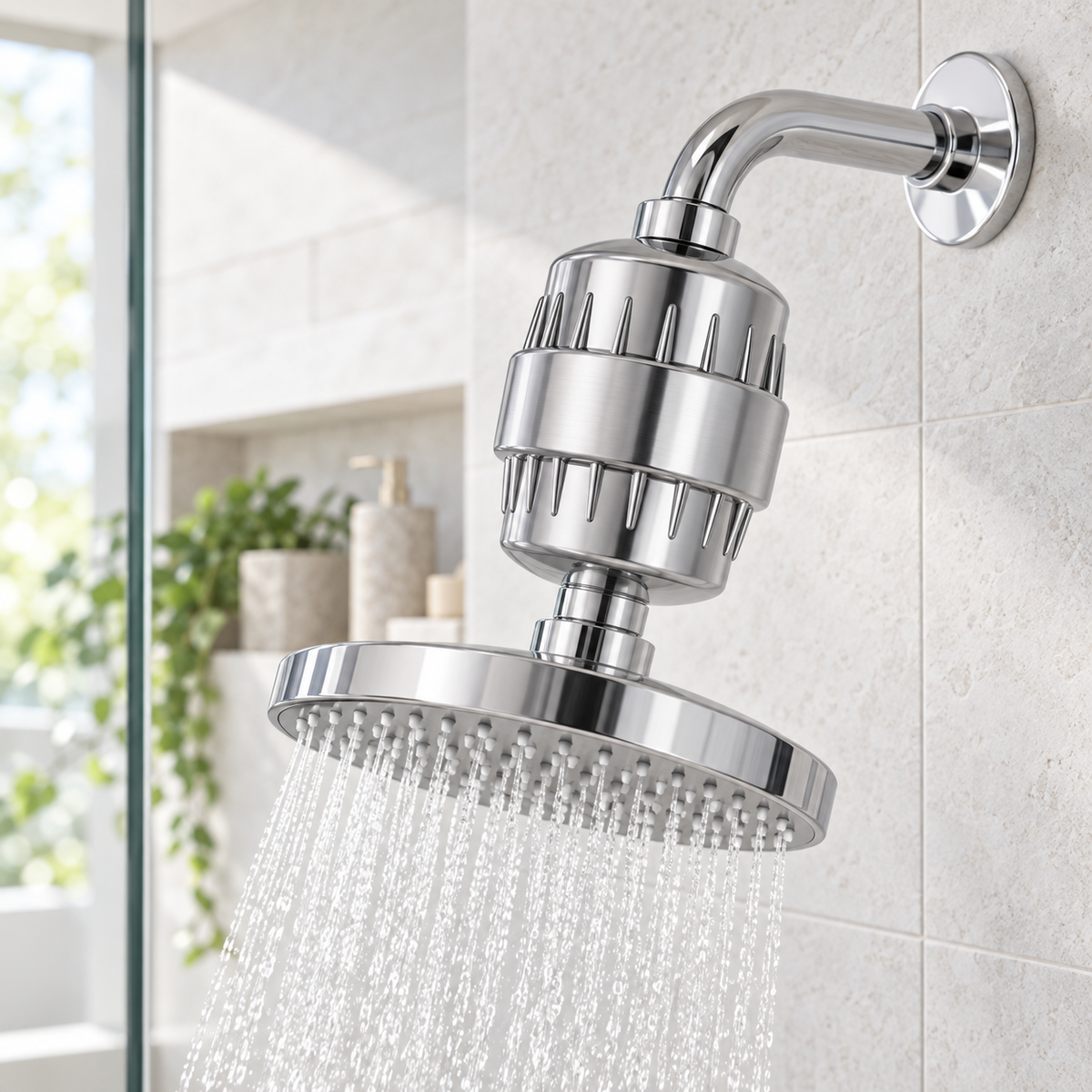 Chrome shower water filter in a bright Scandinavian shower