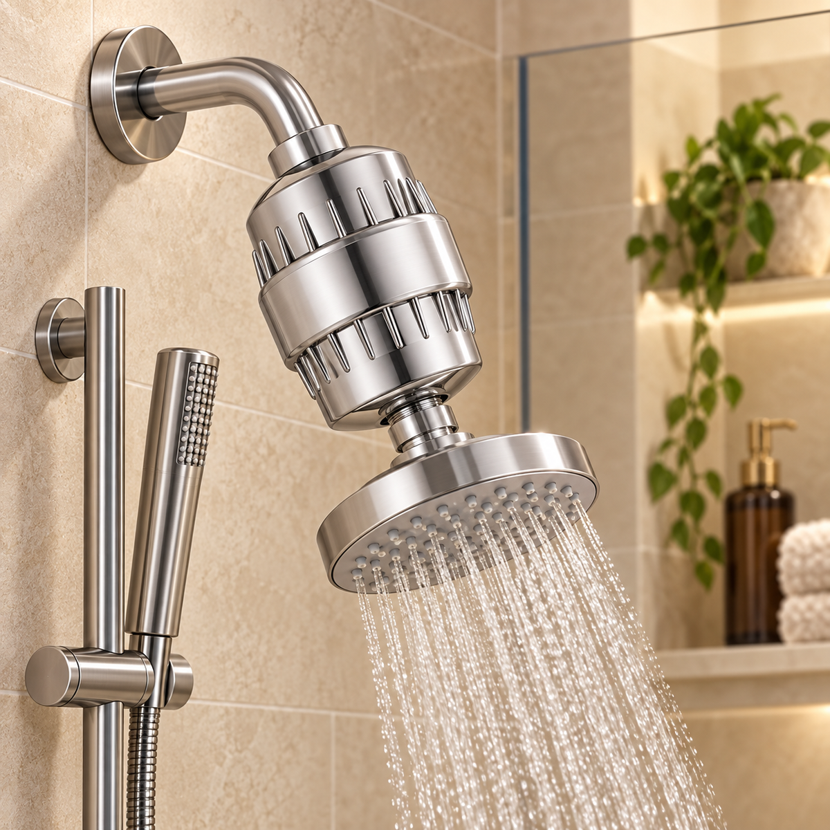Chrome shower water filter in a warm modern bathroom