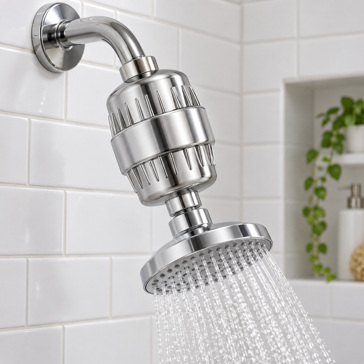 Chrome shower water filter installed in a white-tile apartment shower