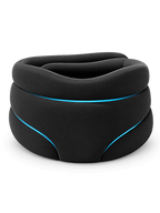 Black ergonomic cervical pillow with blue piping on a seamless white background