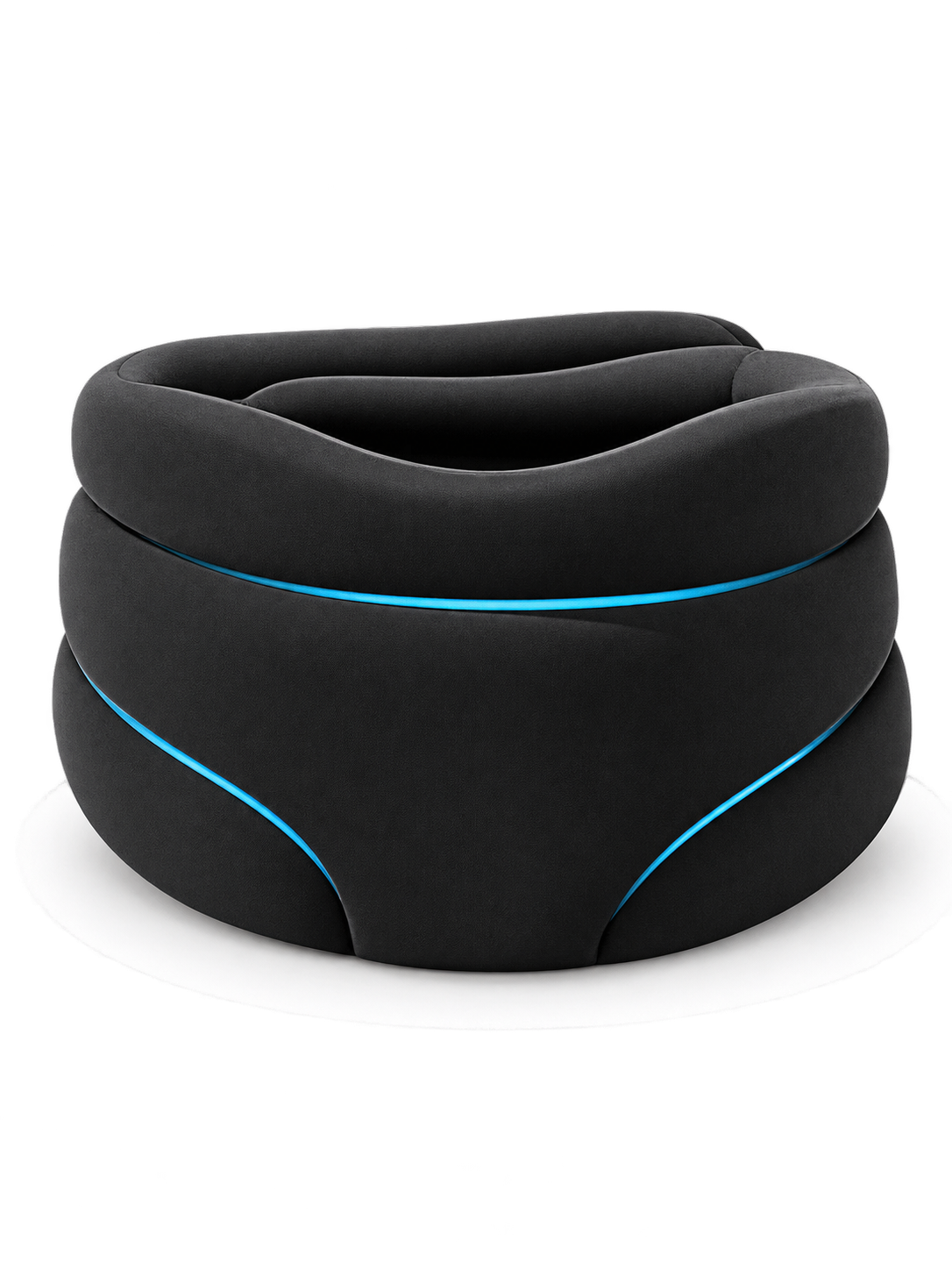 Black ergonomic cervical pillow with blue piping on a seamless white background