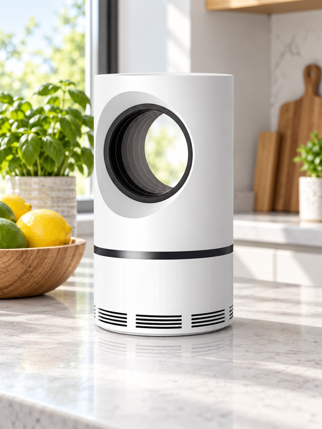 White cylindrical UV mosquito and fly trap on a bright kitchen counter