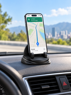 Black silicone phone holder mounted on a car dashboard in daylight