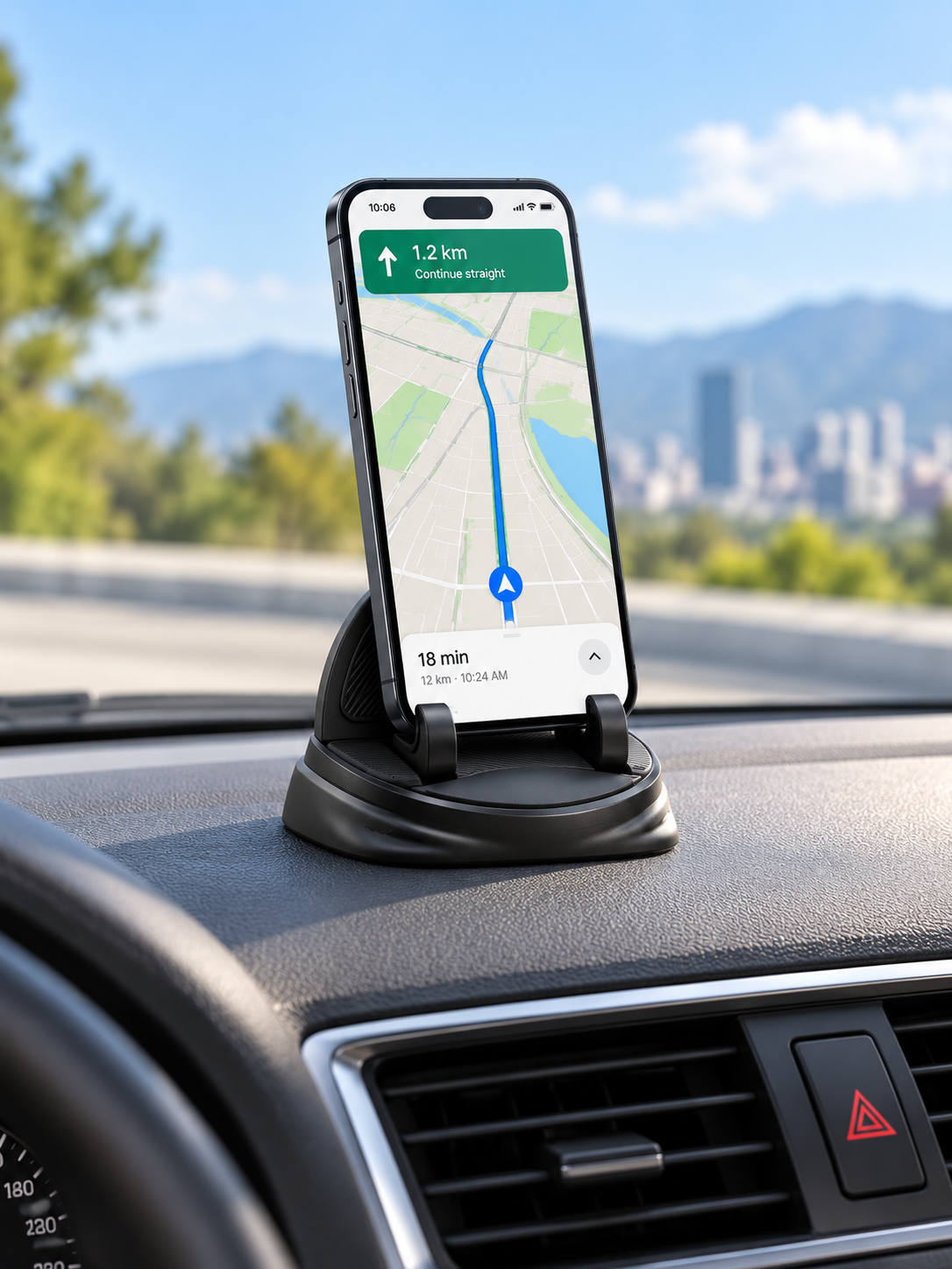 Black silicone phone holder mounted on a car dashboard in daylight