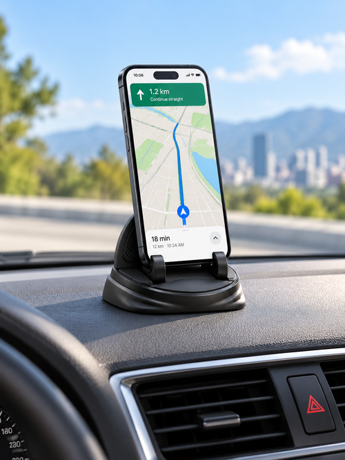 Black silicone phone holder mounted on a car dashboard in daylight