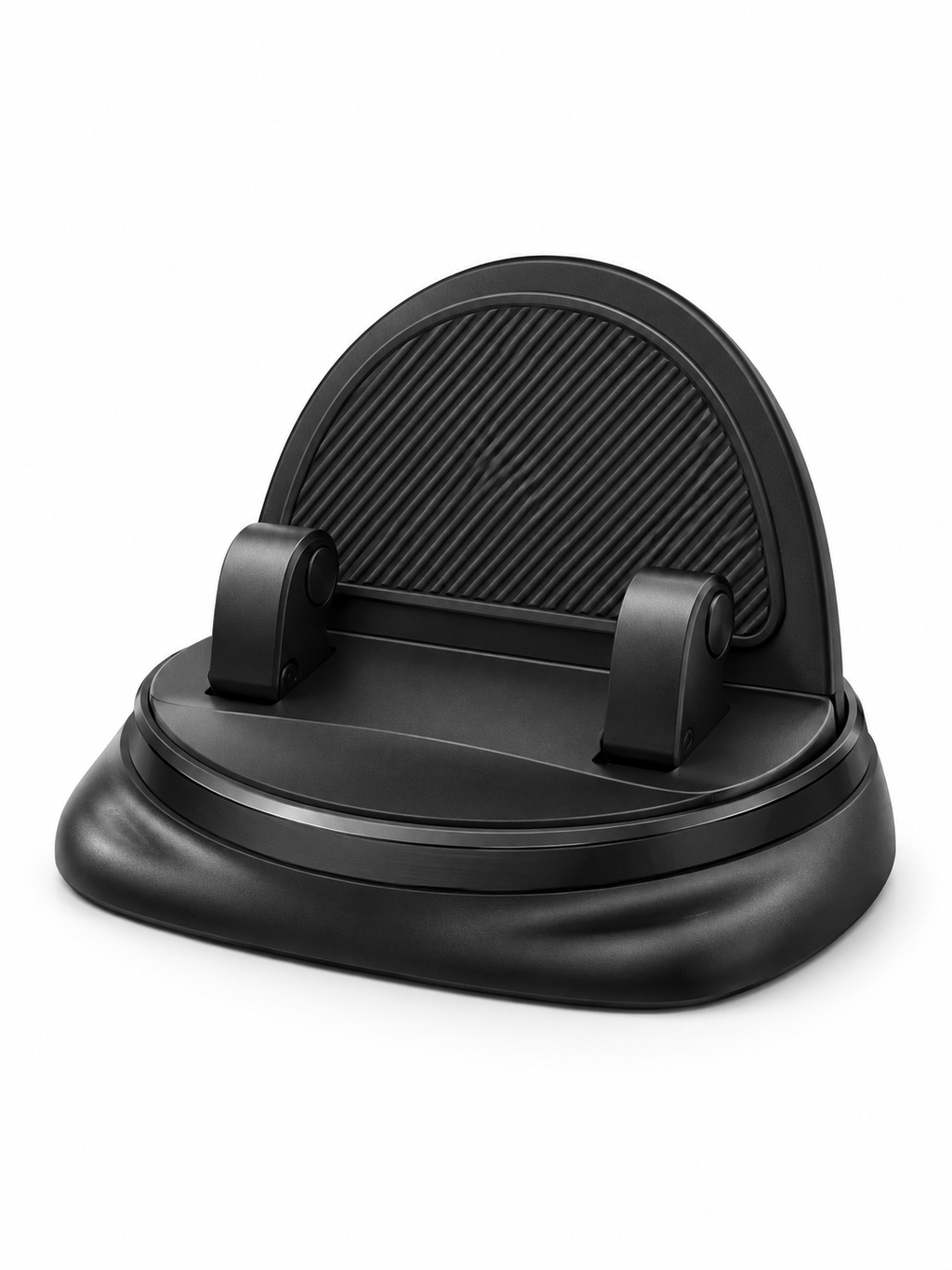 Black silicone rotating car phone holder on a white background