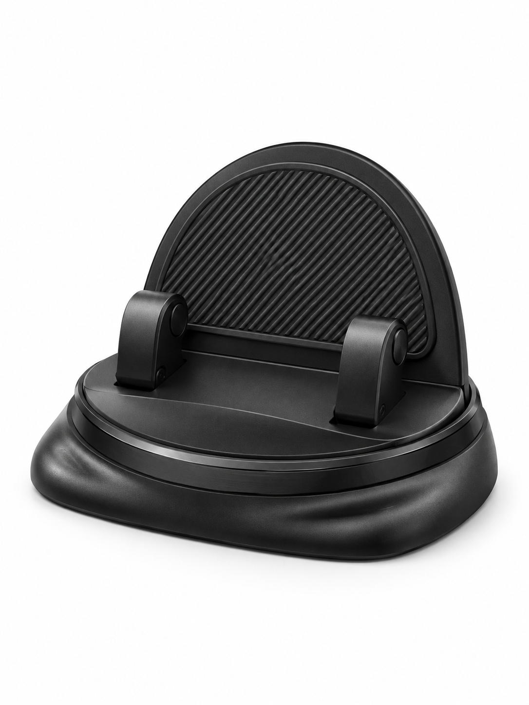 Black silicone rotating car phone holder on a white background