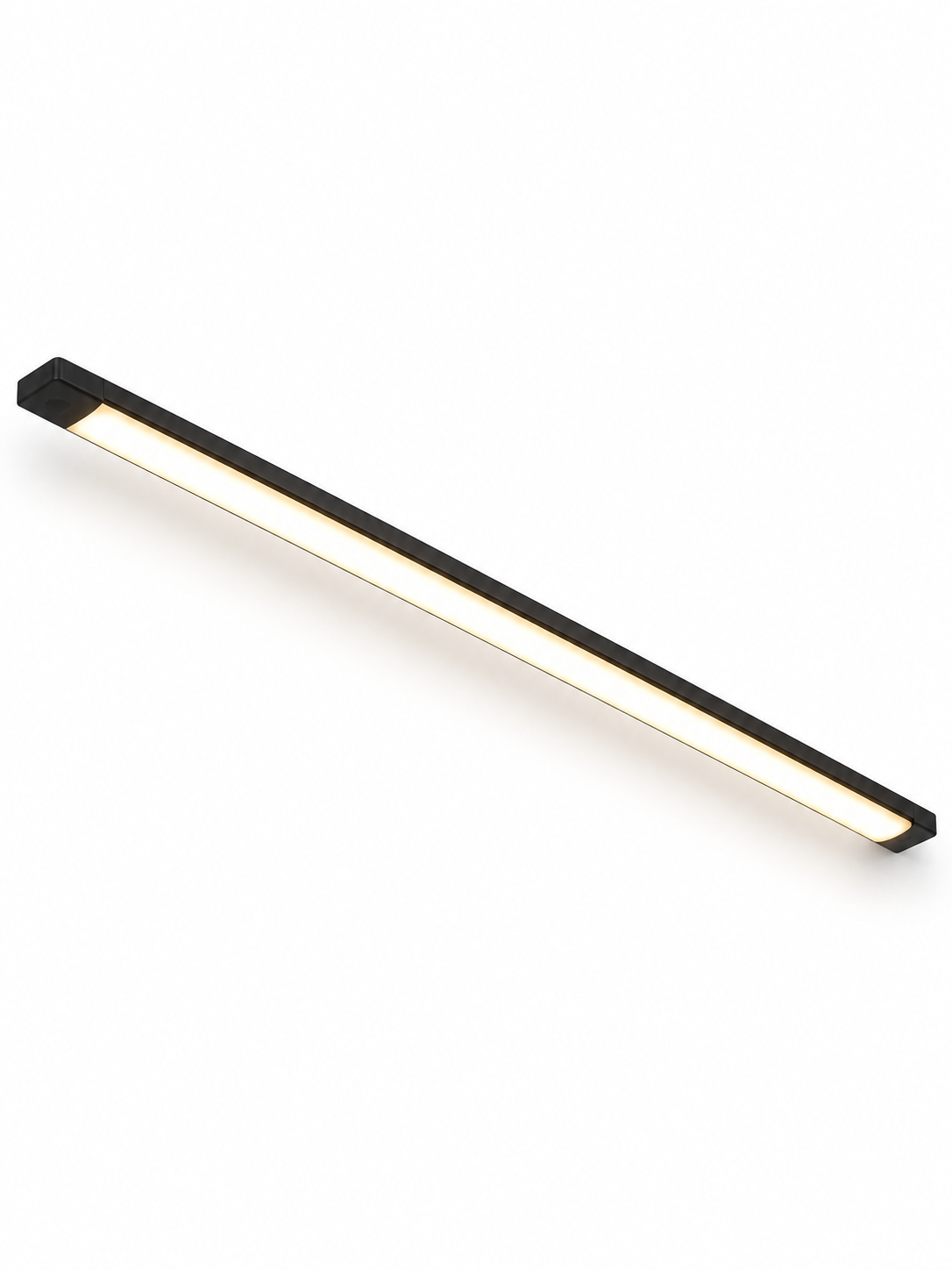 Slim black motion sensor light bar on a seamless white background