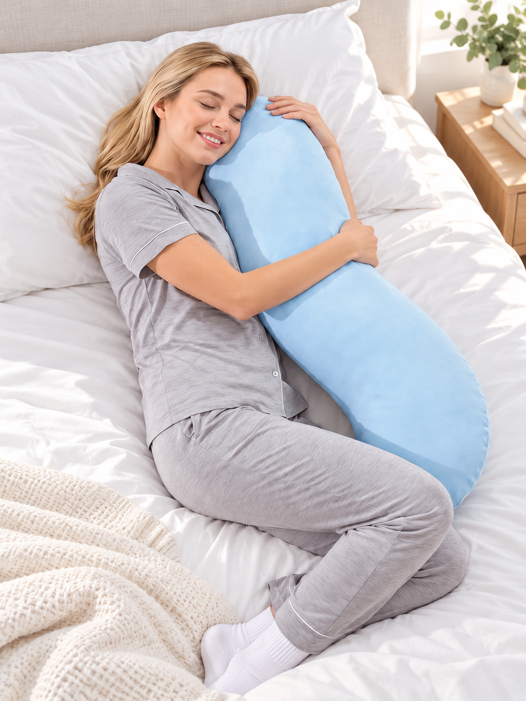 Blue snuggle pillow used by a side sleeper in a bright bedroom