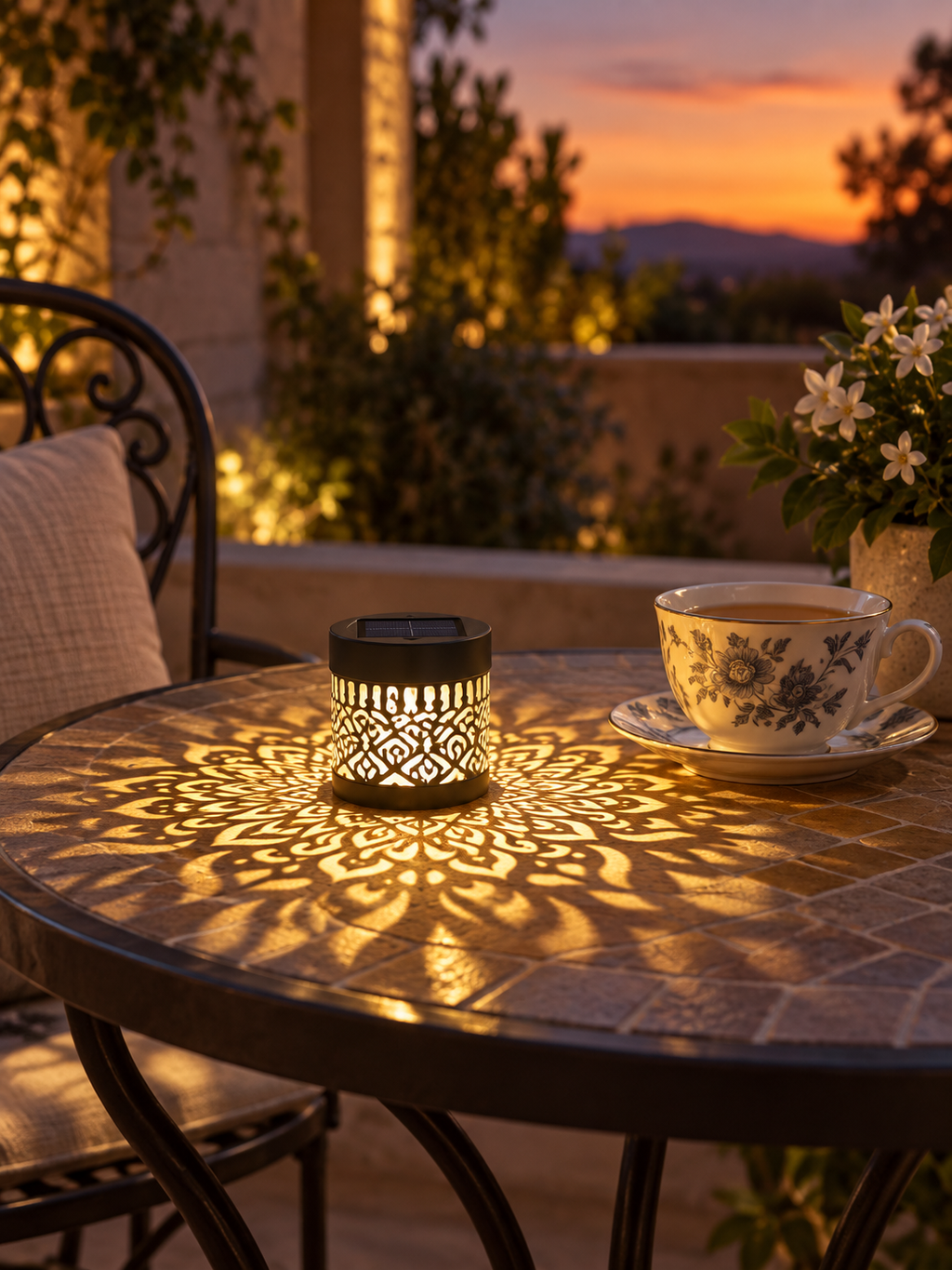 Solar decorative lantern casting patterned light on a bistro table