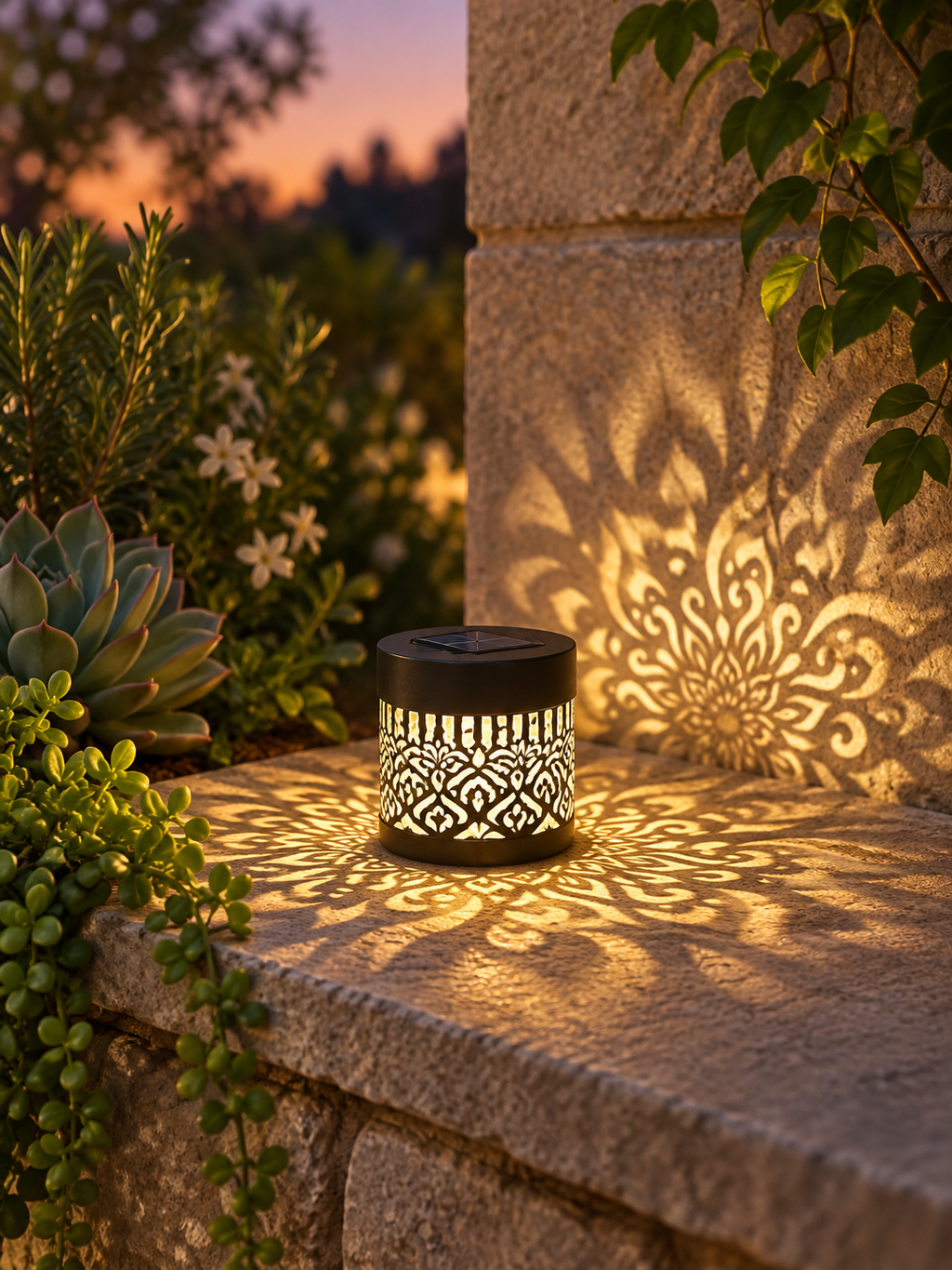 Solar decorative lantern glowing on a garden ledge