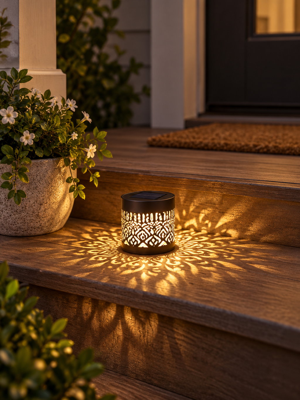 Solar decorative lantern casting patterned light on porch steps