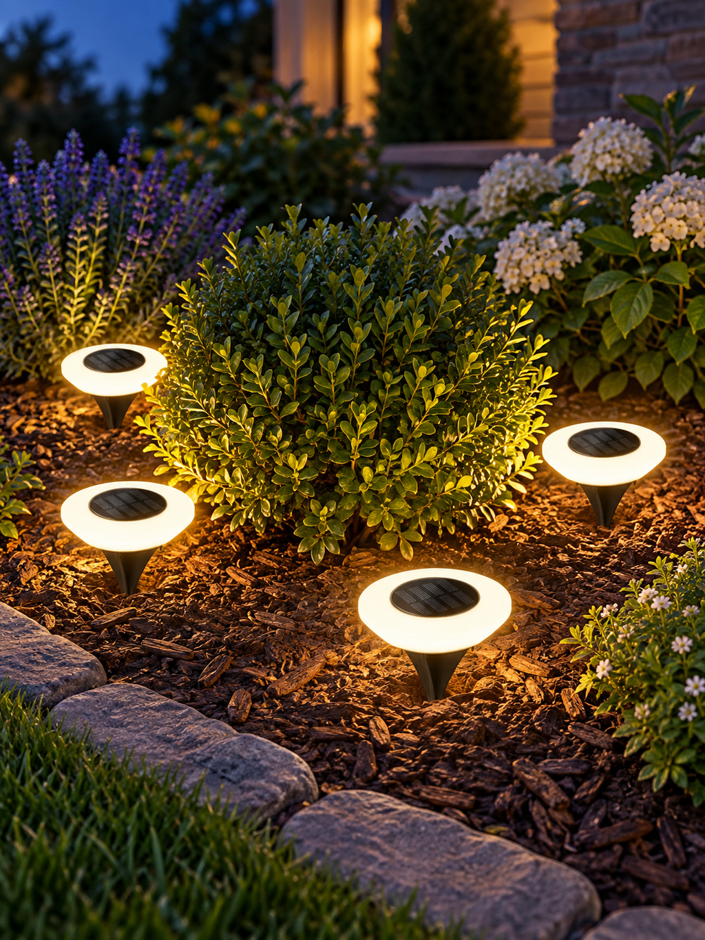 Four solar ground lights illuminating a flower bed