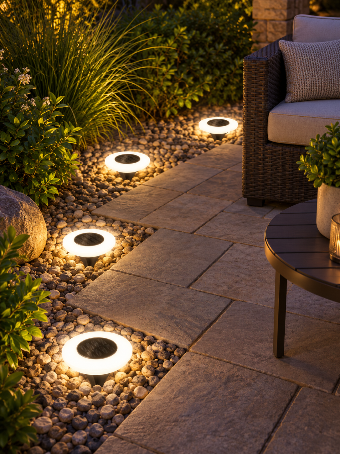 Four solar ground lights around a backyard patio