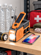 Solar hand crank emergency radio with an organized home emergency kit