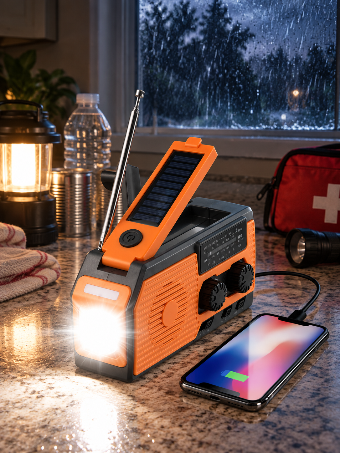 Solar hand crank emergency radio in use during a storm power outage