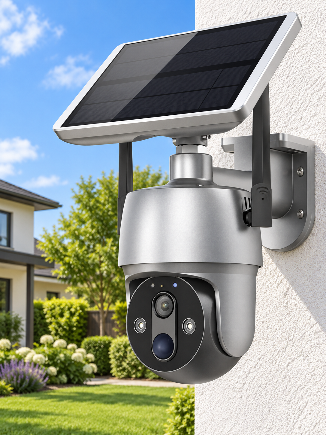 Silver solar outdoor smart camera mounted on a backyard stucco wall