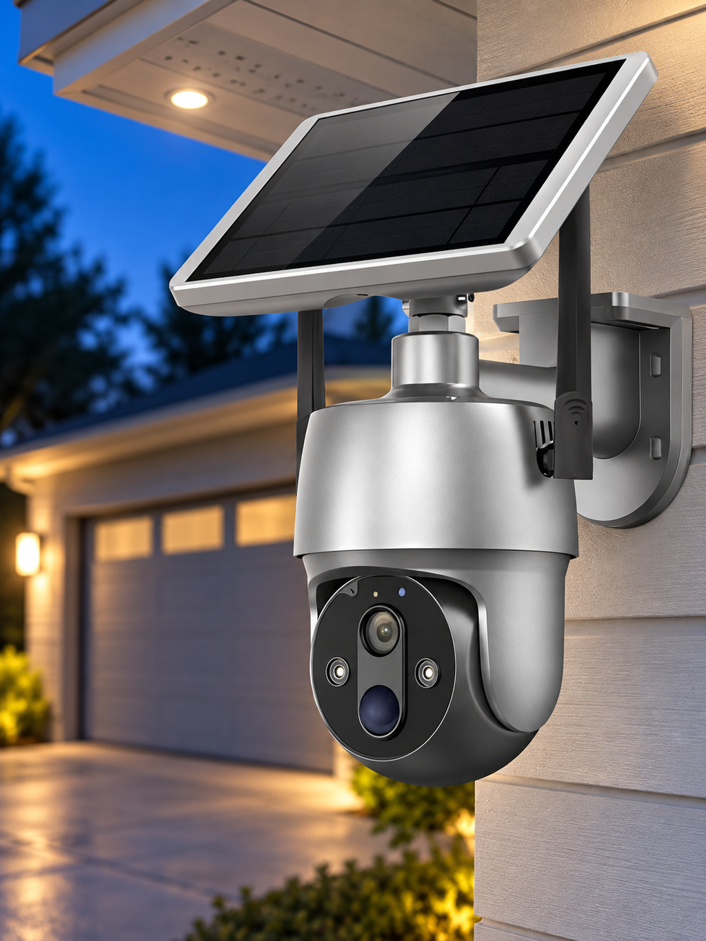 Silver solar outdoor smart camera mounted by a garage at blue hour