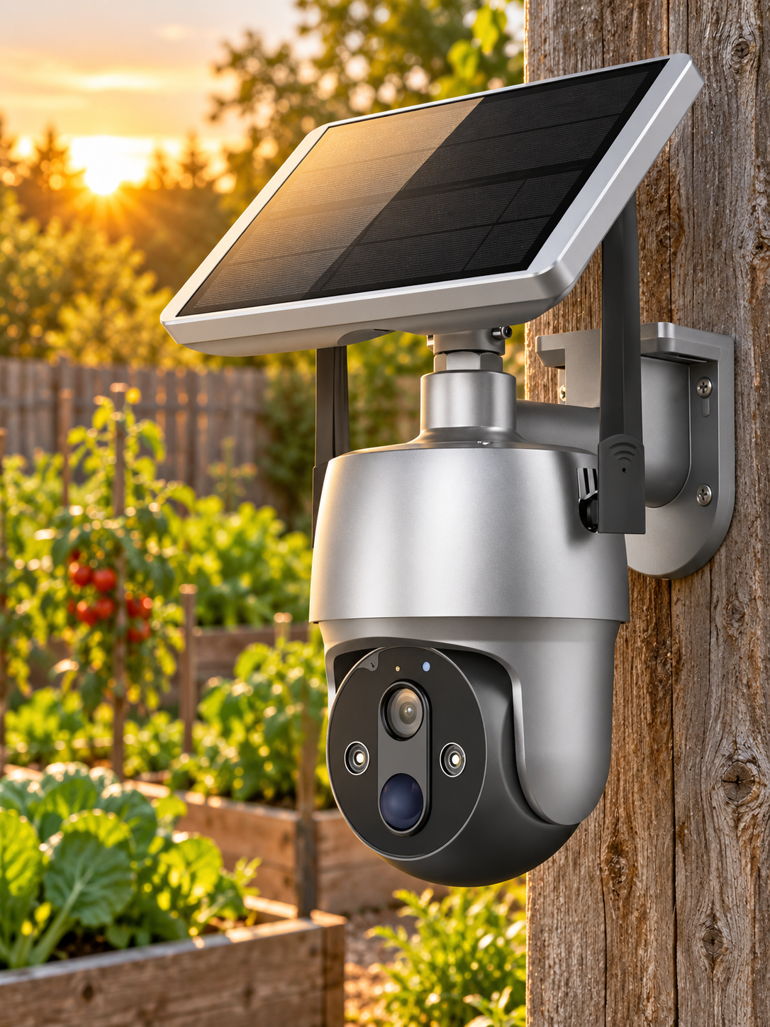 Silver solar outdoor smart camera mounted beside a vegetable garden