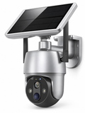 Silver outdoor smart security camera with solar panel on a white background