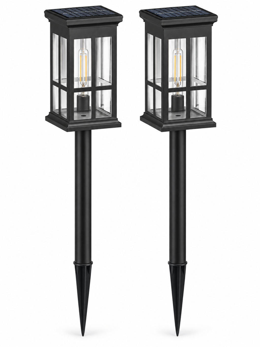 Set of two solar pathway lanterns on white background