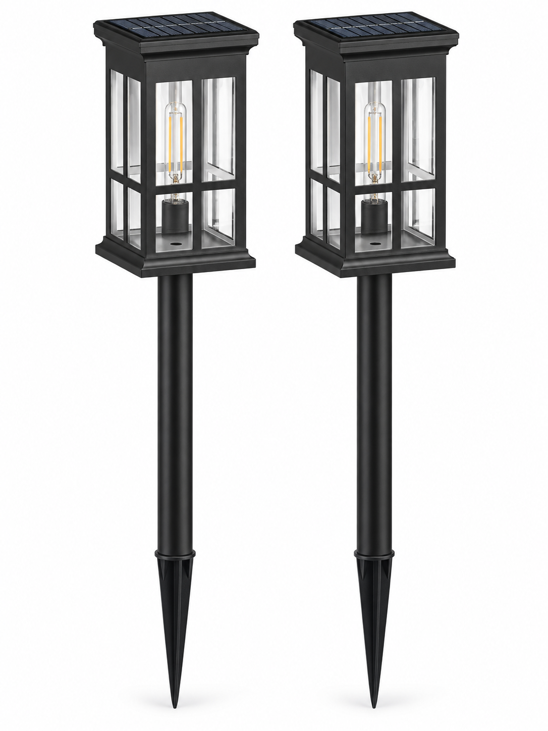 Set of two solar pathway lanterns on white background