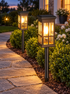 Solar pathway lanterns beside a flagstone garden path