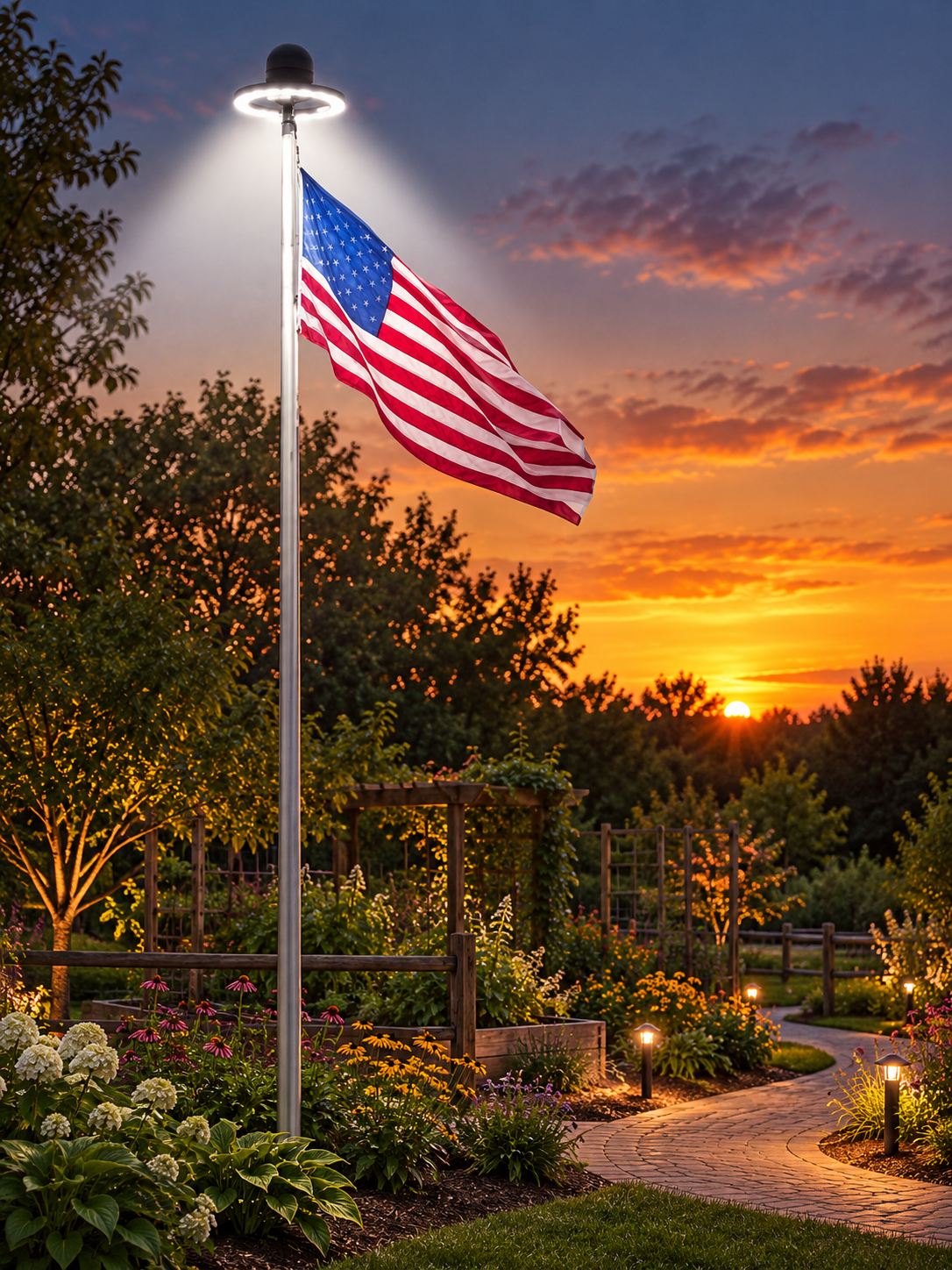 Solar LED flagpole light illuminating an American flag by a community garden