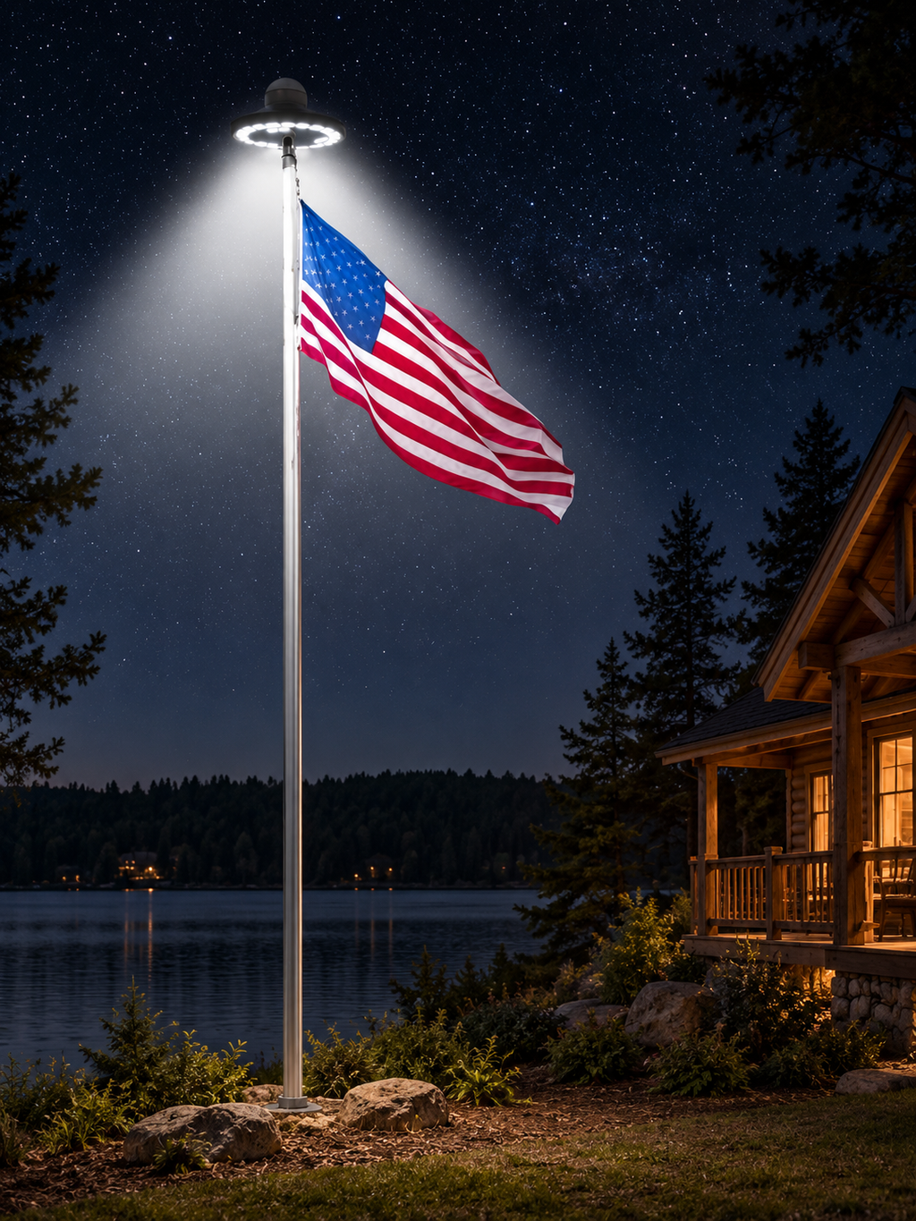 Solar LED flagpole light illuminating an American flag beside a lakeside cabin