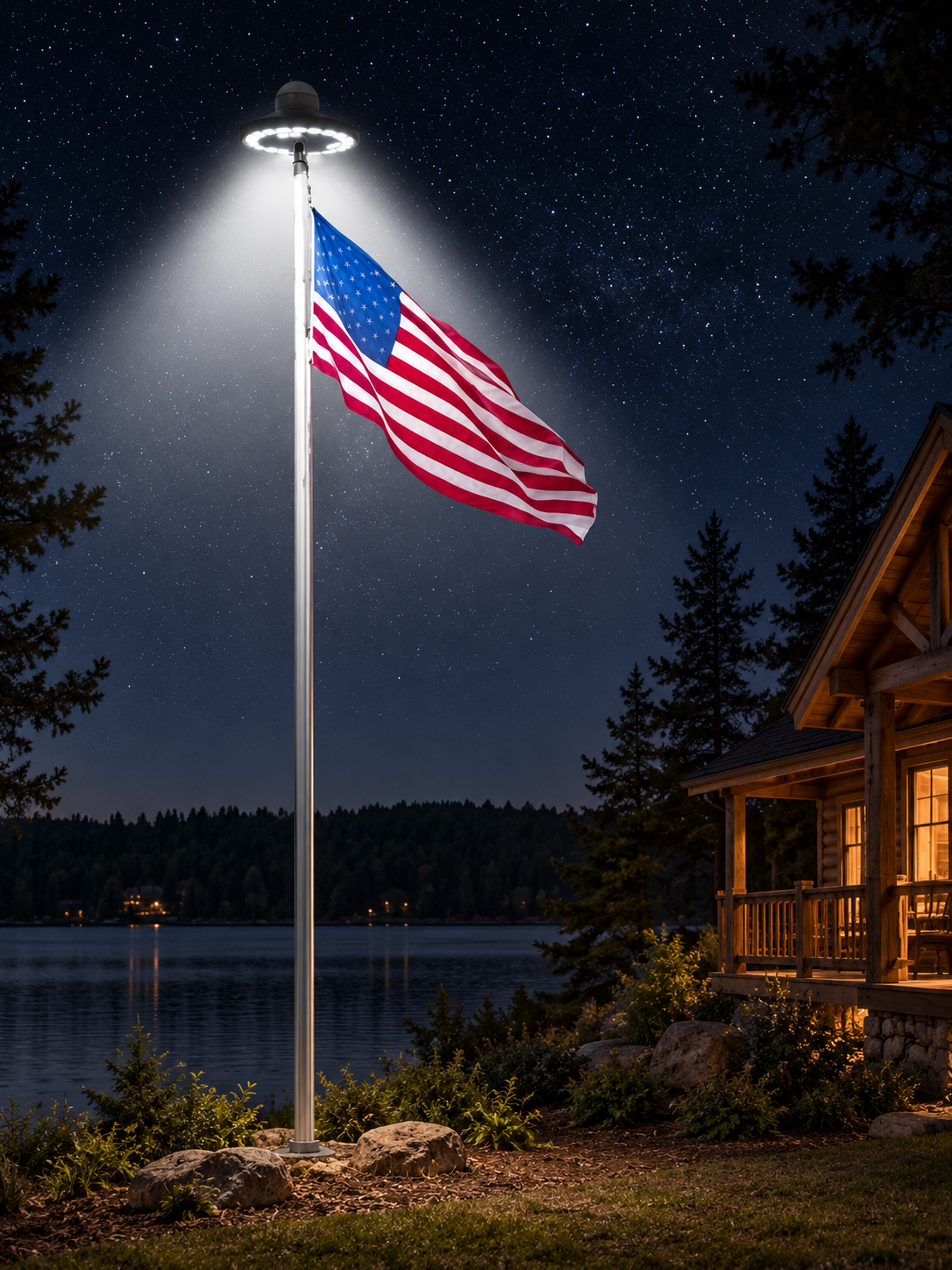 Solar LED flagpole light illuminating an American flag beside a lakeside cabin